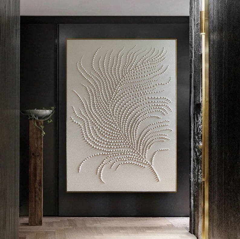 White 3d points feather, White 3d abstract rich texture, Abstract wall art original, Large painting, Monochrome wall art, Textured painting image 4