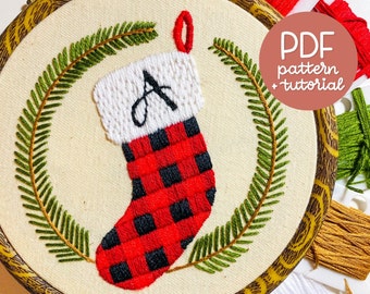 Customizable Plaid Holiday Stocking - Ornament Series - Embroidery Pattern & Tutorial - PDF Instant Digital Download - With DMC colour codes