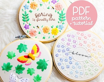 Spring Series SET - Cute Florals, Bumblebees, and Moths - 3 Embroidery Patterns & Tutorials - 3 PDF Instant Digital Downloads - DMC colours!