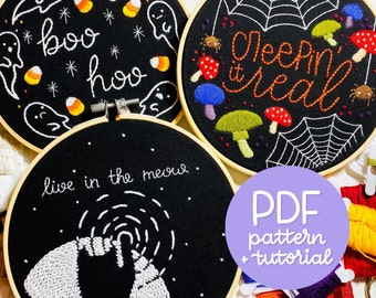 Halloween Series SET - Ghost Wreath - Creepin' It Real - Live In The Meow - 3 Embroidery Patterns Bundle - PDF Digital Download - With DMC!