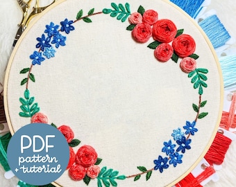 Blank Floral Wreath - Hand Embroidery Gift Design - Embroidery Pattern & Tutorial - PDF Instant Digital Download - With DMC colour codes!