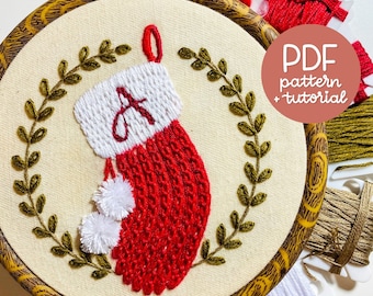 Customizable Red Holiday Stocking - Ornament Series - Embroidery Pattern & Tutorial - PDF Instant Digital Download - With DMC colour codes!