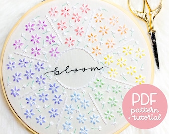 Éclosion printanière - fleurs pastel arc-en-ciel - motif de broderie à la main - motif de broderie et tutoriel - téléchargement numérique instantané PDF - couleurs DMC !