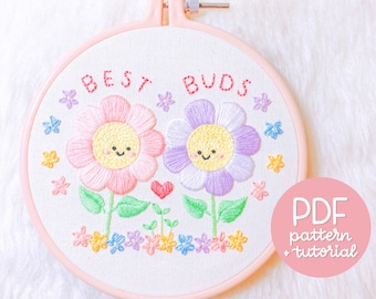 Best Buds - Rainbow Happy Flowers - Hand Embroidery Design - Embroidery Pattern & Tutorial - PDF Instant Digital Download - DMC colours!