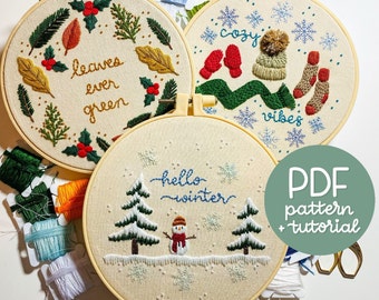Winter Series SET - Winter Wreath - Cozy Vibes - Hello Winter - 3 Embroidery Patterns & Tutorials - 3 PDF Instant Digital Downloads - W/ DMC