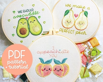 Valentine's Series SET - Cute Food Puns - Hand Embroidery Designs - 3 Embroidery Patterns & Tutorials - 3 PDF Instant Digital Downloads