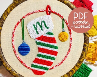 Customizable Candy Cane Holiday Stocking - Ornament Series - Embroidery Pattern & Tutorial - PDF Instant Digital Download - With DMC colours