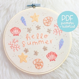 Hello Summer - Beach Seashells Hand Embroidery Design - Embroidery Pattern & Tutorial - PDF Instant Digital Download - With DMC colours