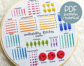 Full Beginner Embroidery Guide - Learn 14 Beginner Embroidery Stitches - Embroidery Pattern & Tutorial - PDF Instant Digital Download