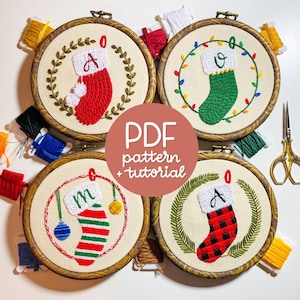 Customizable Christmas Ornament SET - Monogram Hand Embroidery Designs - Hand Embroidery Pattern & Tutorial, 4 PDF Instant Digital Downloads