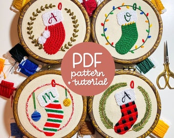 Customizable Christmas Ornament SET - Monogram Hand Embroidery Designs - Hand Embroidery Pattern & Tutorial, 4 PDF Instant Digital Downloads