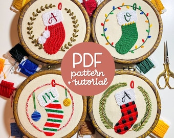 Ensemble de décorations de Noël personnalisables - motifs de broderie monogramme à la main - motif de broderie à la main et tutoriel, 4 fichiers PDF à télécharger