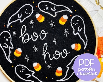 Halloween Series - Boo Hoo - Ghost Wreath - Embroidery Pattern - PDF Instant Digital Download - Glows in the dark! - With DMC colour codes!