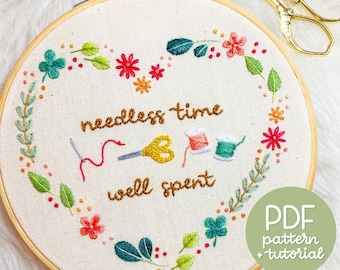 Needless Time Well Spent - Floral Heart Wreath - Hand Embroidery Pattern & Tutorial - PDF Instant Digital Download - With DMC colour codes!