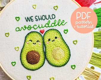 Wir sollten Avocuddle - Handstickerei Design - Valentinstag Serie - Stickmuster und Anleitung - PDF Sofort Digital Download - Mit DMC