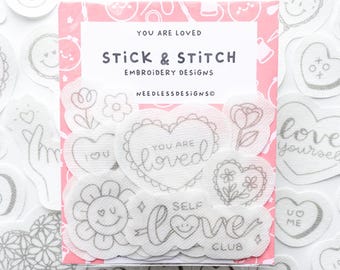 You Are Loved - Stick and Stitch Hand Embroidery Designs - Pack of 37 - Self Love Florals Hearts & Happy Smileys - Hand Embroidery Transfers