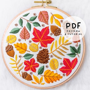 Autumn Season - Bright Fall Leaves - Hand Embroidery Design - Embroidery Pattern & Tutorial - PDF Instant Digital Download - DMC colours!