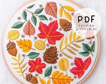 Autumn Season - Bright Fall Leaves - Hand Embroidery Design - Embroidery Pattern & Tutorial - PDF Instant Digital Download - DMC colours!