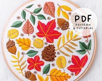 Sezon jesienny - jaskrawe jesienne liście - projekt haftu ręcznego - wzór haftu i samouczek - plik PDF do natychmiastowego pobrania w wersji cyfrowej - kolory DMC!