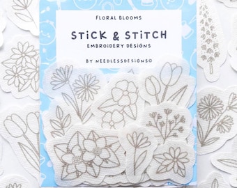 Floral Blooms - Stick and Stitch Hand Embroidery Designs - Pack of 32 - Daisies, Blossoms, Tulips, Spring Blooms - Hand Embroidery Transfers
