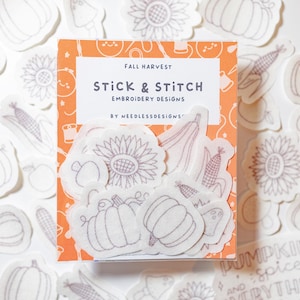 Fall Harvest - Stick and Stitch Hand Embroidery Designs - Pack of 26 - Pumpkin Stick and Stitch - Peel and Stick Hand Embroidery Transfers