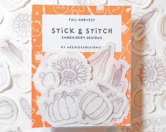 Fall Harvest - Stick and Stitch Hand Embroidery Designs - Pack of 26 - Pumpkin Stick and Stitch - Peel and Stick Hand Embroidery Transfers