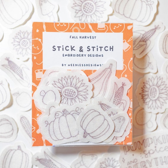 Fall Harvest - Stick and Stitch Hand Embroidery Designs - Pack of 26 - Pumpkin Stick and Stitch - Peel and Stick Hand Embroidery Transfers