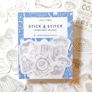 Cozy Vibes - Stick and Stitch Hand Embroidery Designs - Pack of 23 - Cozy Stick and Stitch - Peel and Stick Hand Embroidery Transfers