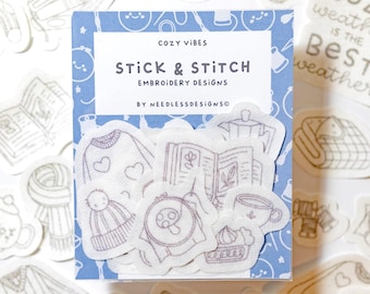 Cozy Vibes - Stick and Stitch Hand Embroidery Designs - Pack of 23 - Cozy Stick and Stitch - Peel and Stick Hand Embroidery Transfers