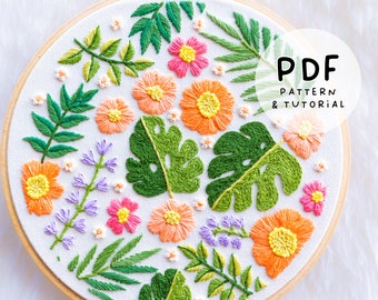 Saison d'été - motif de flore tropicale - motif de broderie à la main - motif de broderie et tutoriel - PDF à téléchargement numérique instantané - couleurs DMC