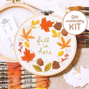 Fall Is Here - Complete DIY Hand Embroidery Kit - Includes Embroidery Hoop, Materials, Pattern, & Full Step-by-Step Photo Tutorial