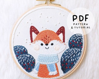 Przytulny zimowy lis - wzór zimowy - projekt haftu ręcznego - wzór do haftu i samouczek - plik PDF do natychmiastowego pobrania w wersji cyfrowej - kolory DMC!