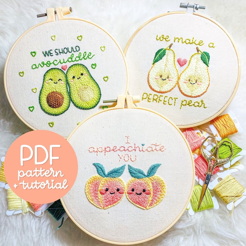 Valentine's Series SET Cute Food Puns Hand Embroidery Designs 3 Embroidery Patterns & Tutorials 3 PDF Instant Digital Downloads image 1