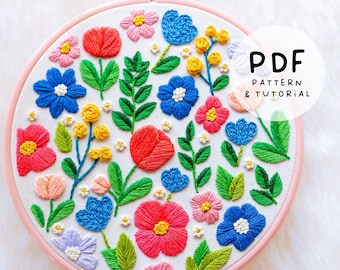 Saison printanière - Modèle de jardin de tulipes - Conception de broderie à la main - Modèle de broderie et tutoriel - PDF Téléchargement numérique instantané - Couleurs DMC !