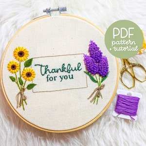 Grato por você - Design de bordado floral - Padrão de bordado à mão e tutorial - Download digital instantâneo em PDF - Com códigos de cores DMC