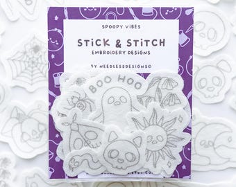 Spoopy Vibes - Stick and Stitch Hand Embroidery Designs - Pack of 24 - Halloween Witchy Celestial Pets & Ghosts - Hand Embroidery Transfers