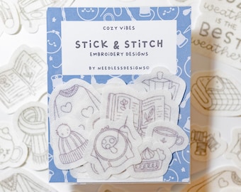 Cozy Vibes - Stick and Stitch Hand Embroidery Designs - Pack of 23 - Cozy Stick and Stitch - Peel and Stick Hand Embroidery Transfers