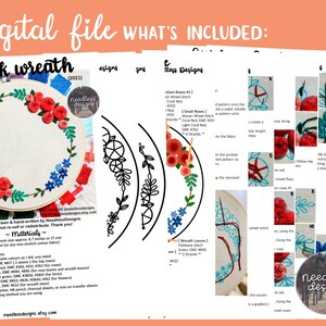 May include: A digital embroidery pattern for a wreath with red and blue flowers. The pattern includes instructions for stitching the flowers and leaves. The pattern is available as a digital download.