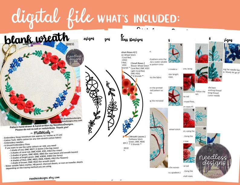 May include: A digital embroidery pattern for a wreath with red and blue flowers. The pattern includes instructions for stitching the flowers and leaves. The pattern is available as a digital download.