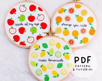 Jeu de jeux de mots fruité - fruits d'été - motifs de broderie à la main - 3 motifs de broderie et tutoriels - PDF à téléchargement numérique instantané - couleurs DMC !