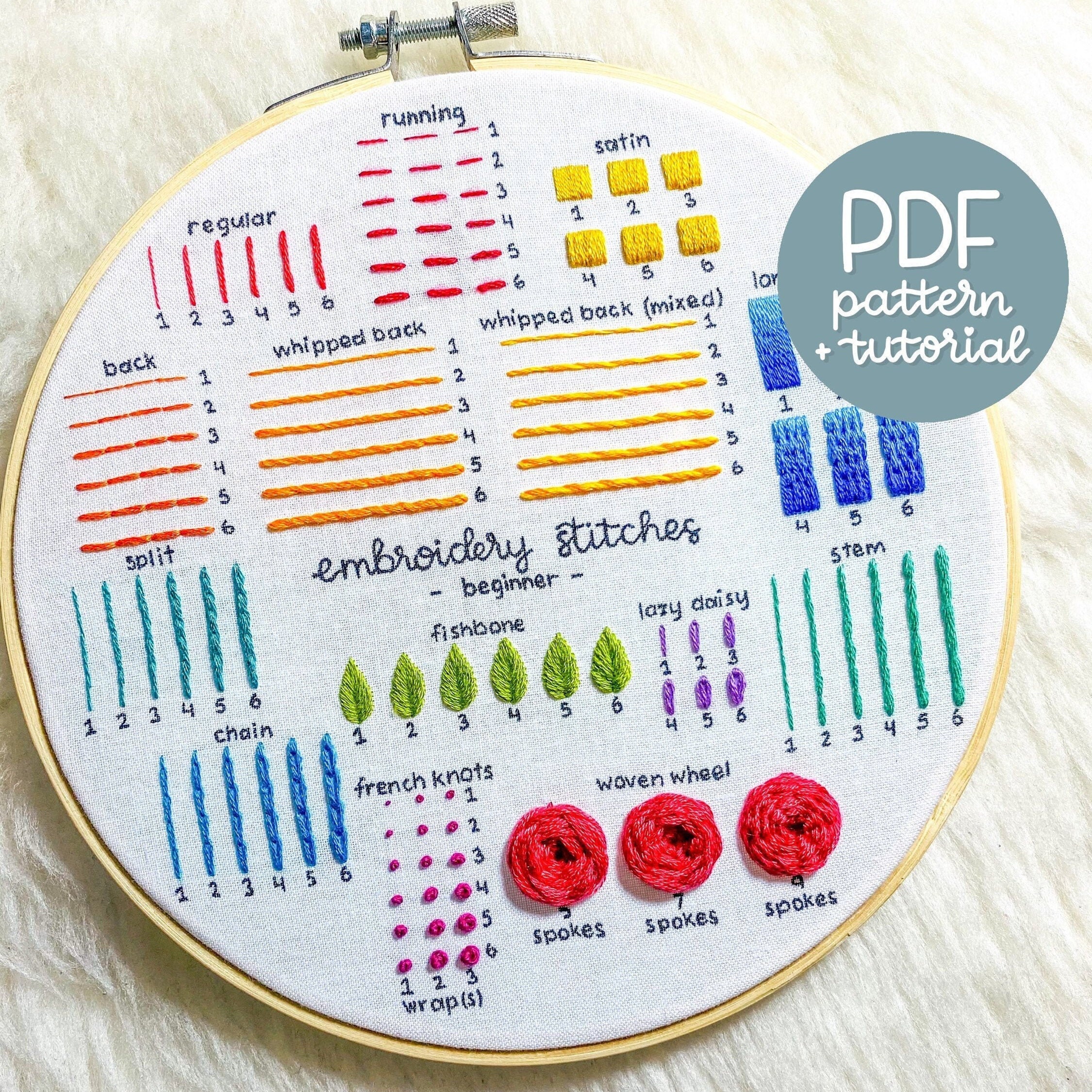 Full Beginner Embroidery Guide - Learn 14 Beginner Embroidery Stitches - Embroidery Pattern & Tutorial - PDF Instant Digital Download