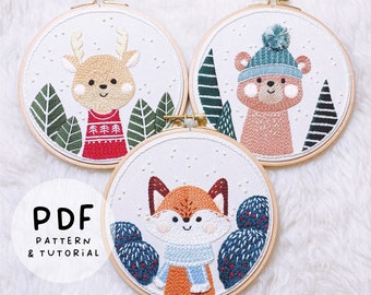 Cozy Winter Forest Animal SET - Hand Embroidery Designs - 3 Embroidery Patterns & Tutorials - PDF Instant Digital Download - DMC colours!