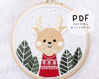 Cerf d'hiver douillet - motif hiver - motif de broderie à la main - motif de broderie et tutoriel - téléchargement numérique instantané PDF - couleurs DMC !