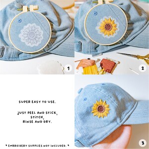 May include: A three-step guide on how to embroider a sunflower design on a blue denim baseball cap. The first step shows a white transfer paper with a sunflower design on a blue denim baseball cap. The second step shows a close-up of the sunflower design being embroidered on the cap. The third step shows the finished embroidered sunflower design on the cap.