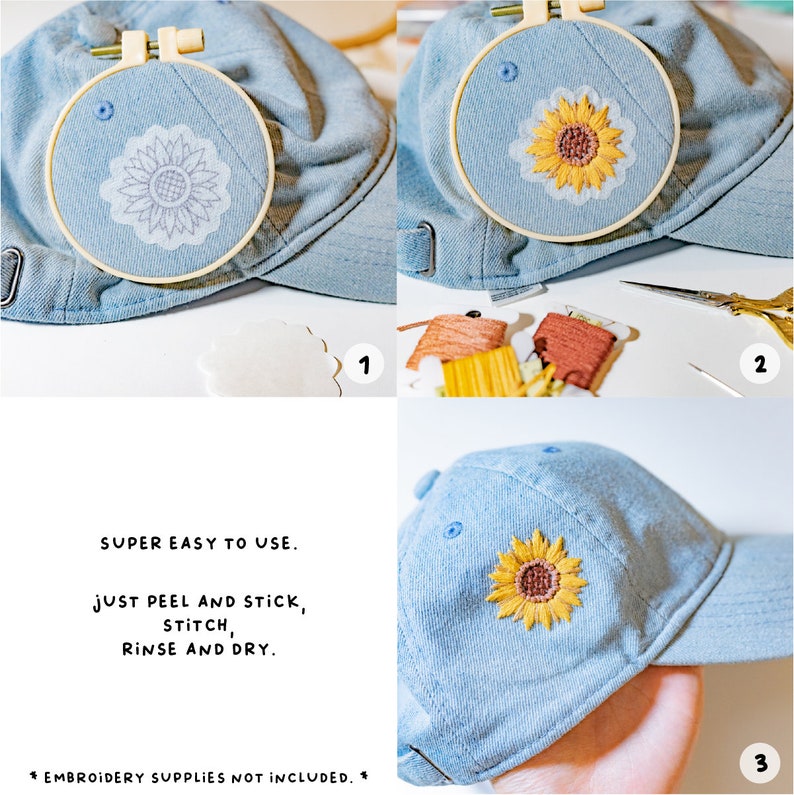 May include: A three-step guide on how to embroider a sunflower design on a blue denim baseball cap. The first step shows a white transfer paper with a sunflower design on a blue denim baseball cap. The second step shows a close-up of the sunflower design being embroidered on the cap. The third step shows the finished embroidered sunflower design on the cap.