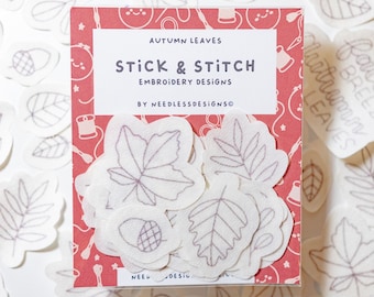 Autumn Leaves - Stick and Stitch Hand Embroidery Designs - Pack of 30 - Floral Stick and Stitch - Peel and Stick Hand Embroidery Transfers