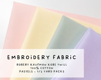 Pastels - High Quality Hand Embroidery Fabric - 1/2 Yard Packs - Robert Kaufman Kobe Twill - 100% Cotton - Pink, Yellow, Green, and Purple