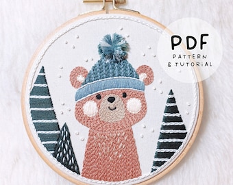 Przytulny zimowy miś - wzór zimowy - projekt haftu ręcznego - wzór do haftu i samouczek - plik PDF do natychmiastowego pobrania w wersji cyfrowej - kolory DMC!