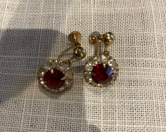 Coro Ruby and Rhinestone Earrings Vintage 1950s Vintage Screw Back Ruby Red Earrings Signed CORO Vintage Jewelry 1950s Dangle Drop Earrings