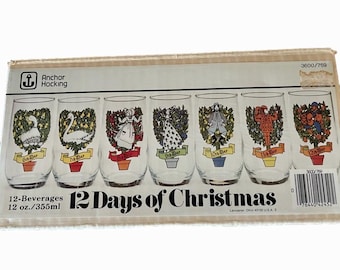 Vintage original box Set 12 Vintage Anchor Hocking 12 Days of Christmas Glasses MCM Retro holiday glassware